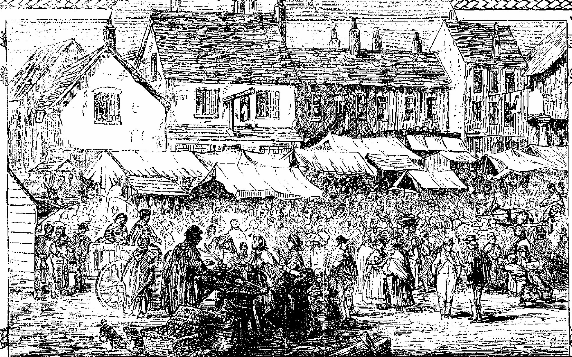 An engraving of Dunstable straw plait market with the Nag's Head in the background.